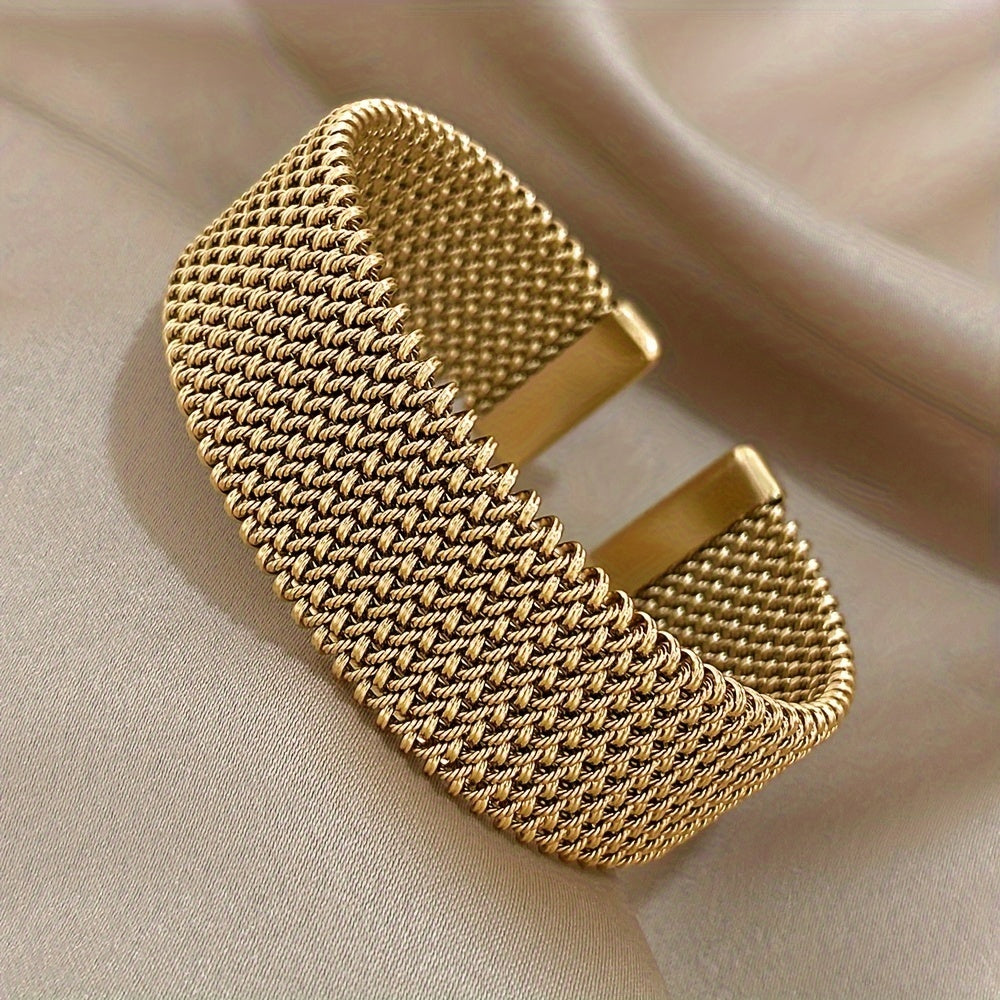 1pc Elegant 18K Golden Plated Titanium Steel Mesh Cuff Bangle - Luxury Open Bracelet for Women, Versatile Daily & Gift Wear Jewelry